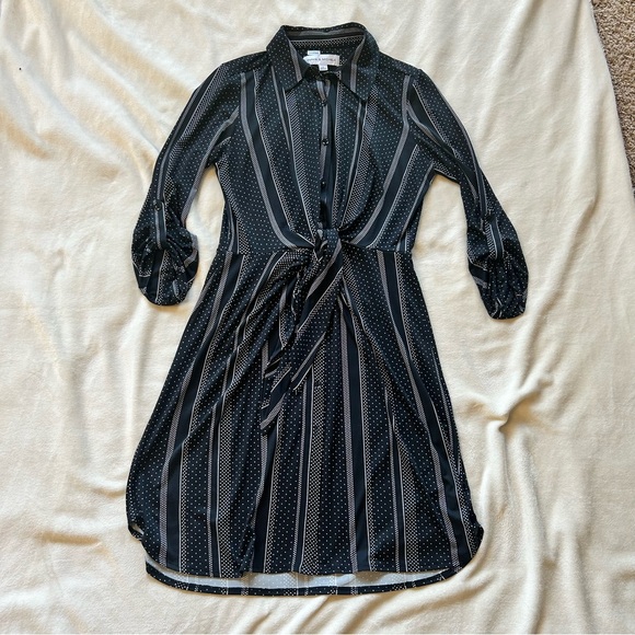 Emma & Michele | Button Down Front Tie Black & White Midi Dress Size L - Picture 5 of 14